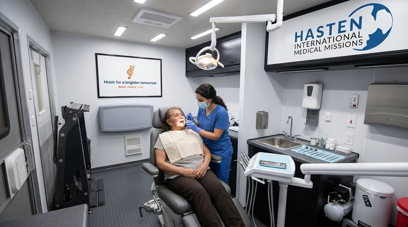 Interior of the Hasten International mobile medical unit, where a patient receives dental care