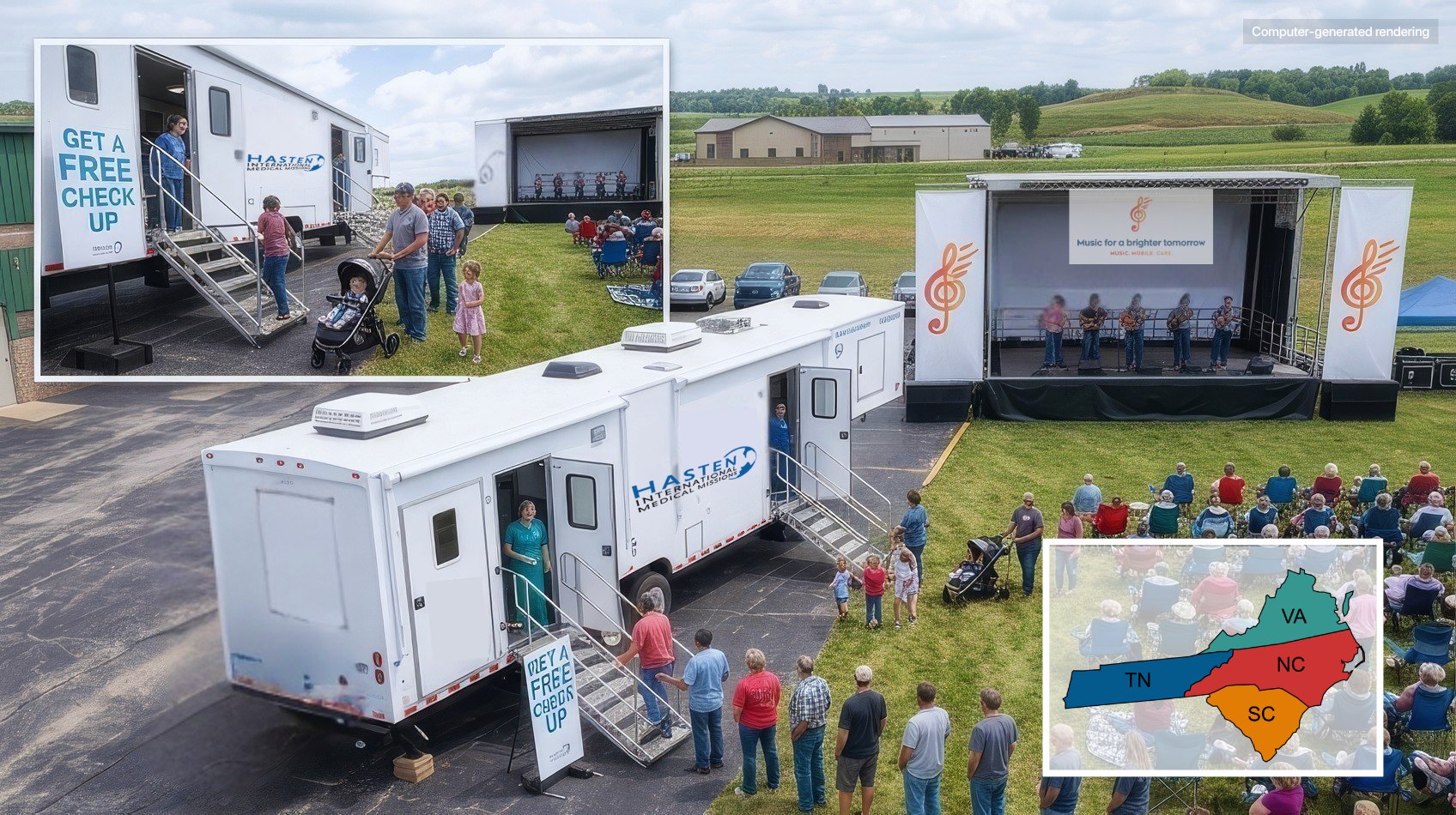 Aerial view of a Music for a Brighter Tomorrow event — Hasten mobile medical unit alongside a live concert stage, with the four-state service area mapped in the corner